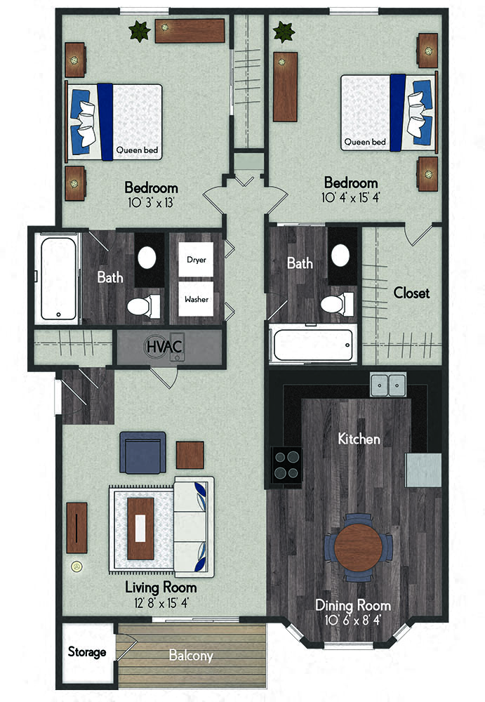 Floor plan for 2 beds, 2 baths, 1123 sqft